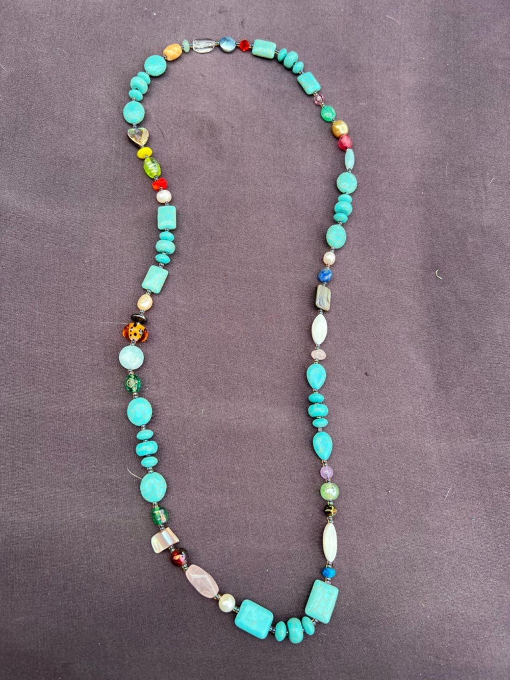 Handmade Turquoise Beaded Long Necklace - Multicolor glass Accent Beads